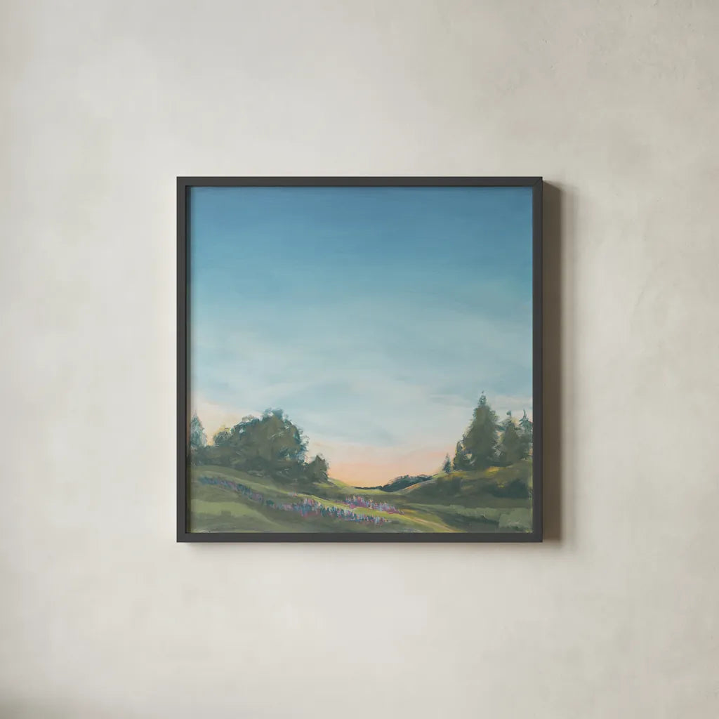 Lupine Evening Muted by Sue Schlabach. Shown in a sleek black glass frame for a contemporary gallery look. Available as an archival giclee rolled canvas, fine art paper, or poster print. SKU 83596a.