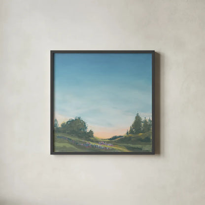 Lupine Evening Muted by Sue Schlabach. Shown in a sleek black glass frame for a contemporary gallery look. Available as an archival giclee rolled canvas, fine art paper, or poster print. SKU 83596a.