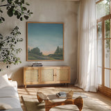 Lupine Evening Muted by Sue Schlabach. Shown in a natural wood frame in a cozy modern living room. Available as an archival giclee rolled canvas, fine art paper, or poster print. SKU 83596a.
