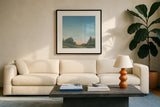 Lupine Evening Muted by Sue Schlabach. Displayed in a glass frame with matte in a clean modern living room. Available as an archival giclee rolled canvas, fine art paper, or poster print. SKU 83596a.