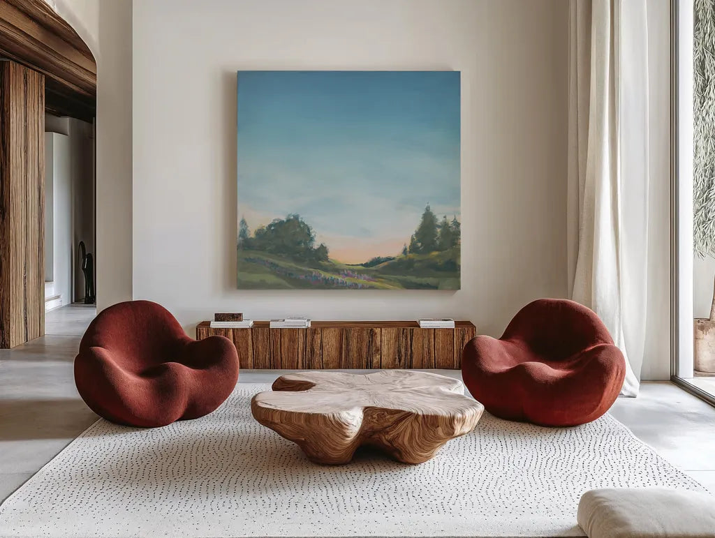 Lupine Evening Muted by Sue Schlabach. Shown as extra-large giant wall art in a modern living room. Available as an archival giclee rolled canvas, fine art paper, or poster print. SKU 83596a.
