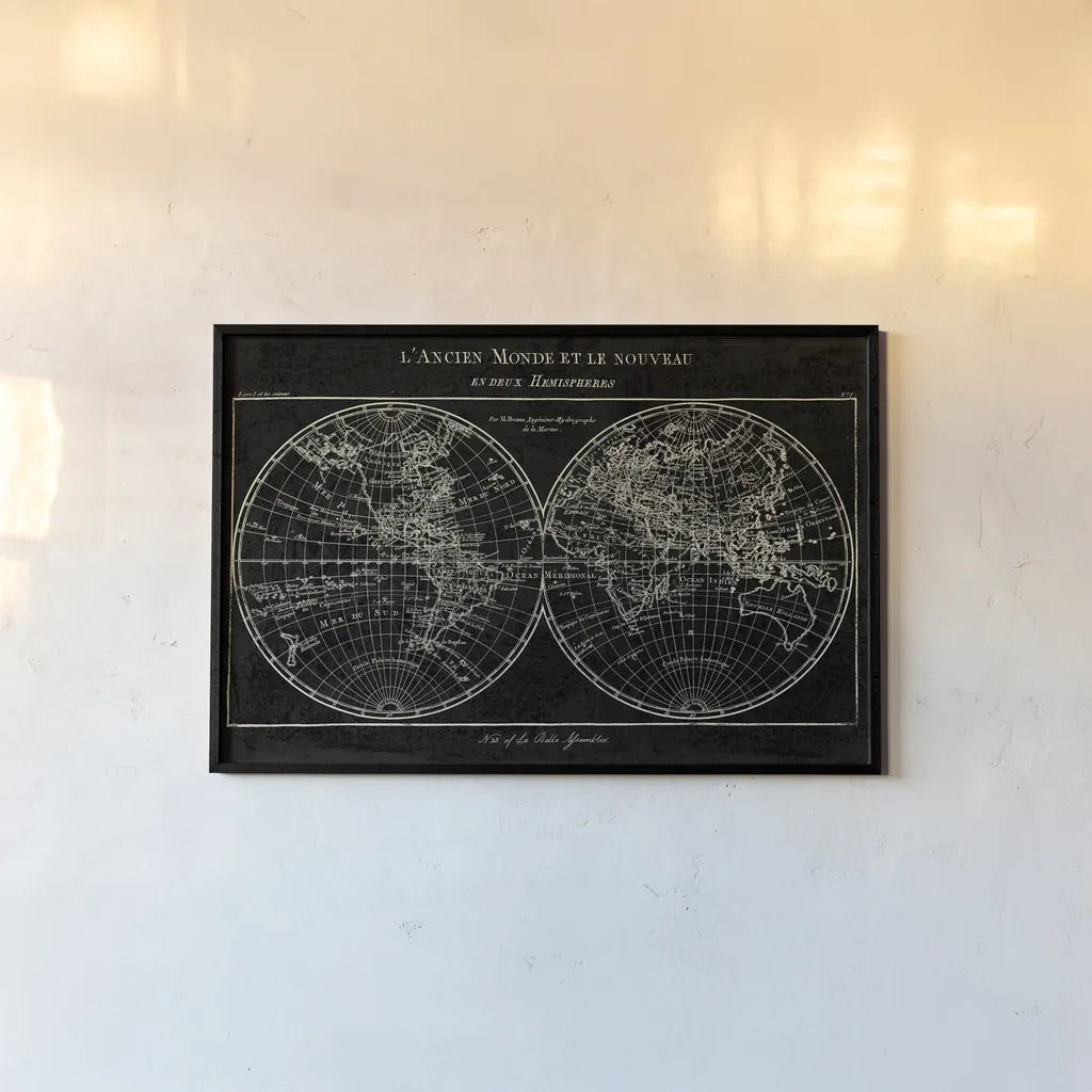 Map of the World Black by Sue Schlabach. shown as a paper print in a black flame. Available as a archival giclee rolled canvas, fine art paper, or poster print. SKU 46809i.
