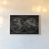 Map of the World Black by Sue Schlabach. shown as a paper print in a white frame. Available as a archival giclee rolled canvas, fine art paper, or poster print. SKU 46809i.