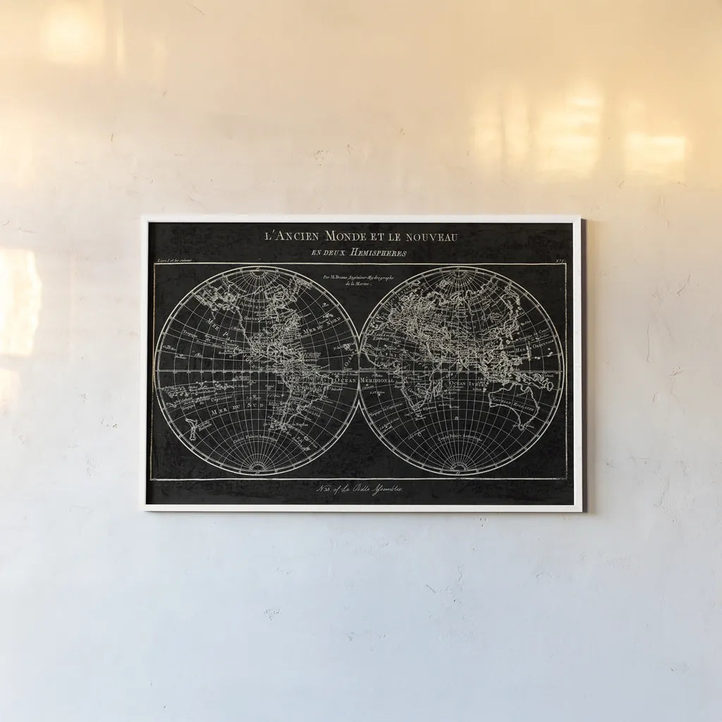 Map of the World Black by Sue Schlabach. shown as a paper print in a white frame. Available as a archival giclee rolled canvas, fine art paper, or poster print. SKU 46809i.