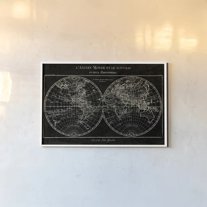 Map of the World Black by Sue Schlabach. shown as a paper print in a white frame. Available as a archival giclee rolled canvas, fine art paper, or poster print. SKU 46809i.