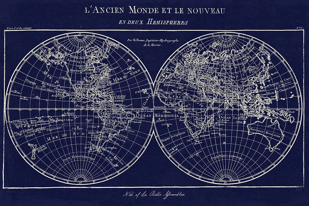 Map of the World Indigo by Sue Schlabach. SKU 14706i. Archival Giclee Fine art print for wall decor.