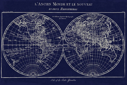 Map of the World Indigo by Sue Schlabach. SKU 14706i. Archival Giclee Fine art print for wall decor.