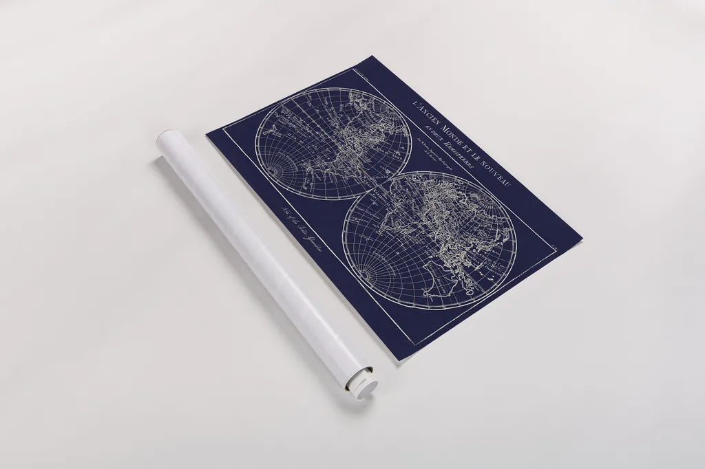 Map of the World Indigo by Sue Schlabach. shown as a rolled paper print. Available as archival giclee rolled canvas, fine art paper, or poster print. SKU 14706i.