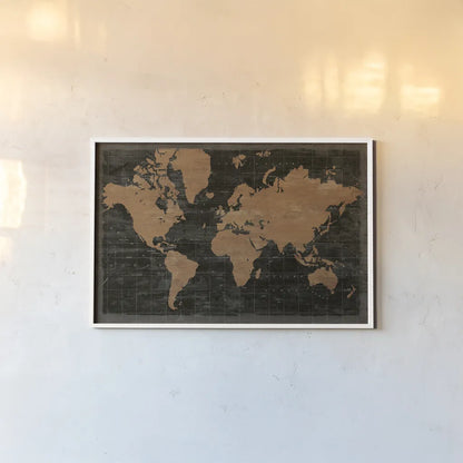 Map of the World Industrial No Words by Sue Schlabach. shown as a paper print in a white frame. Available as a archival giclee rolled canvas, fine art paper, or poster print. SKU 69829i.