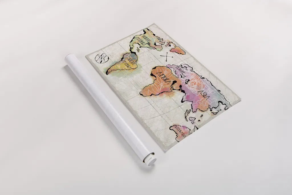 Mapped Continents I Neutral by Sue Schlabach. shown as a rolled paper print. Available as archival giclee rolled canvas, fine art paper, or poster print. SKU 46876i.