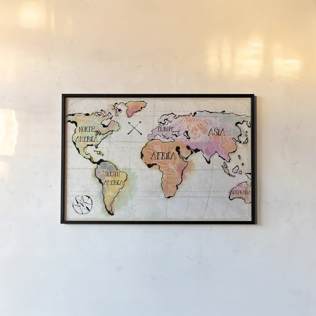 Mapped Continents I Neutral by Sue Schlabach. shown as a paper print in a black flame. Available as a archival giclee rolled canvas, fine art paper, or poster print. SKU 46876i.