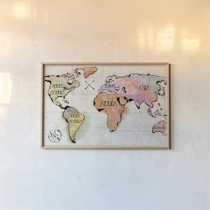 Mapped Continents I Neutral by Sue Schlabach. shown as a paper print in a natural frame. Available as a archival giclee rolled canvas, fine art paper, or poster print. SKU 46876i.