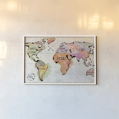 Mapped Continents I Neutral by Sue Schlabach. shown as a paper print in a white frame. Available as a archival giclee rolled canvas, fine art paper, or poster print. SKU 46876i.