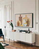 Marnies Kitchen III by Sue Schlabach. shown as a framed stretched canvas in a living room above a console. Available as a archival giclee rolled canvas, fine art paper, or poster print. SKU 79222i.