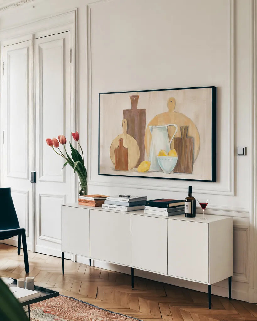 Marnies Kitchen III by Sue Schlabach. shown as a framed stretched canvas in a living room above a console. Available as a archival giclee rolled canvas, fine art paper, or poster print. SKU 79222i.