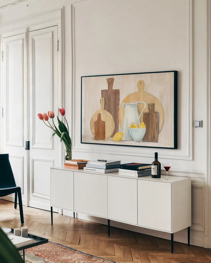 Marnies Kitchen III by Sue Schlabach. shown as a framed stretched canvas in a living room above a console. Available as a archival giclee rolled canvas, fine art paper, or poster print. SKU 79222i.