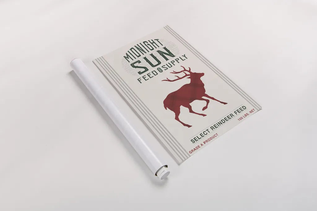Midnight Sun Reindeer Feed v2 by Sue Schlabach. shown as a rolled paper print. Available as archival giclee rolled canvas, fine art paper, or poster print. SKU 65048h.