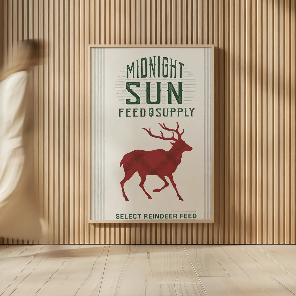 Midnight Sun Reindeer Feed v2 by Sue Schlabach. shown as over sized large wall art. Available as an archival giclee rolled canvas, fine art paper, or poster print. SKU 65048h.