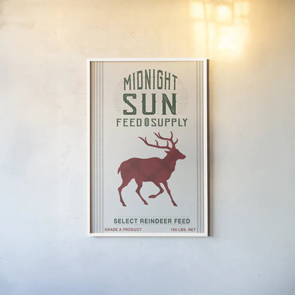 Midnight Sun Reindeer Feed v2 by Sue Schlabach. shown as a paper print in a white frame. Available as a archival giclee rolled canvas, fine art paper, or poster print. SKU 65048h.