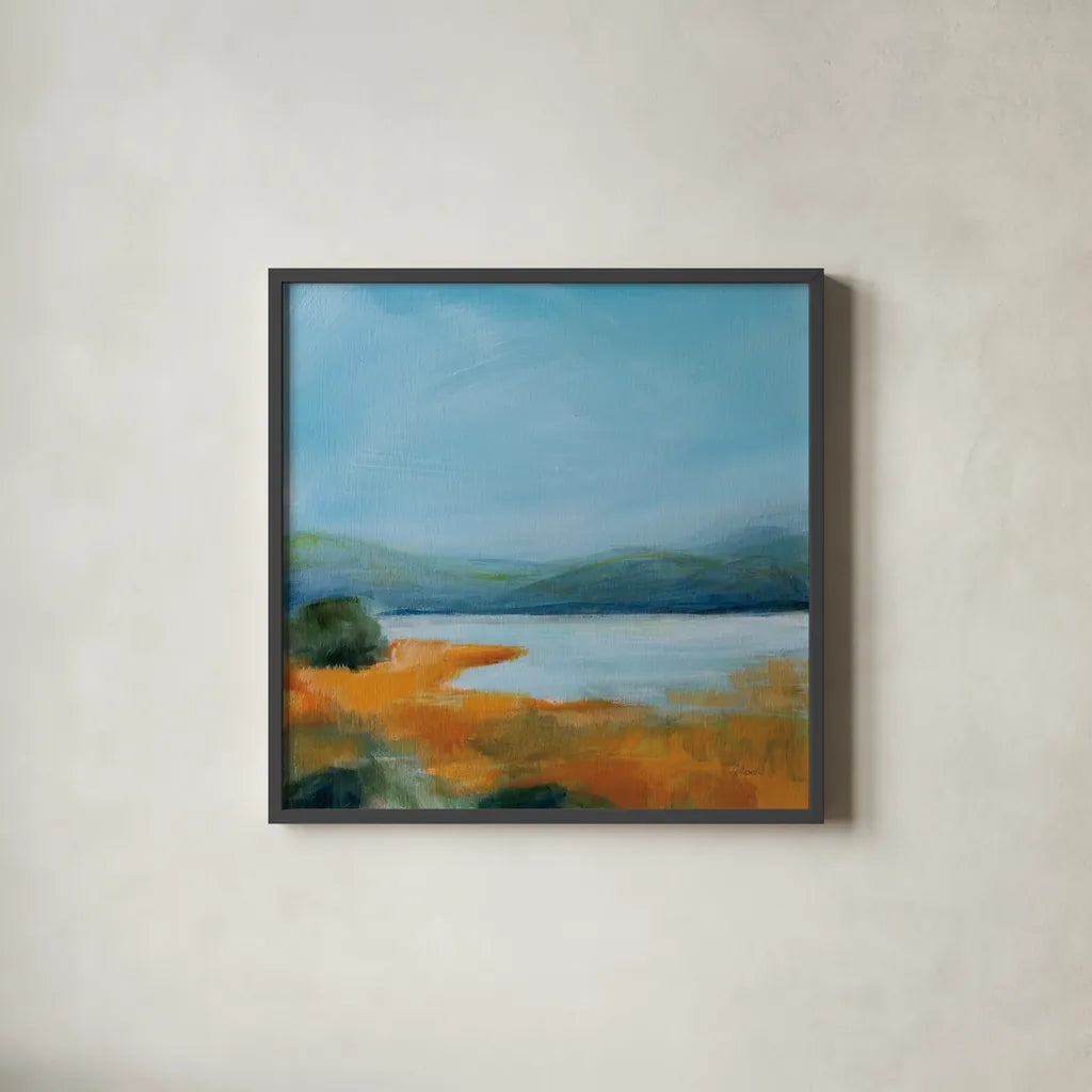 Mirror of Sky by Sue Schlabach. Shown in a sleek black glass frame for a contemporary gallery look. Available as an archival giclee rolled canvas, fine art paper, or poster print. SKU 87732a.
