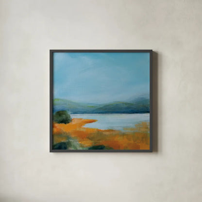 Mirror of Sky by Sue Schlabach. Shown in a sleek black glass frame for a contemporary gallery look. Available as an archival giclee rolled canvas, fine art paper, or poster print. SKU 87732a.