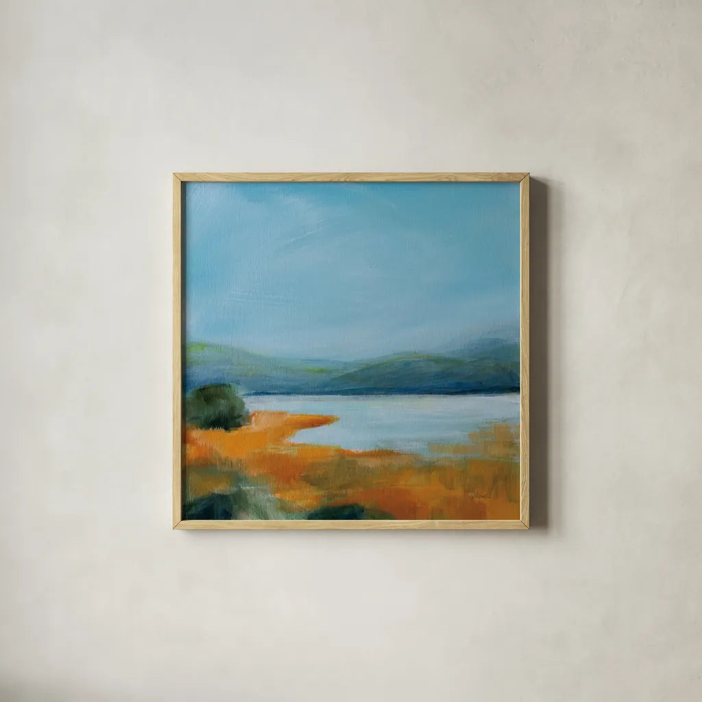 Mirror of Sky by Sue Schlabach. Shown in a natural wood glass frame for a timeless modern aesthetic. Available as an archival giclee rolled canvas, fine art paper, or poster print. SKU 87732a.