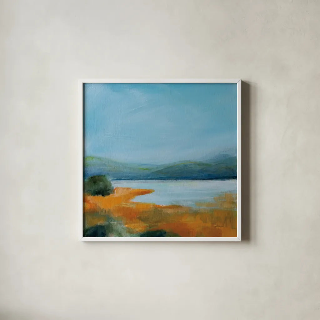 Mirror of Sky by Sue Schlabach. Shown in a crisp white glass frame for a clean and minimalist style. Available as an archival giclee rolled canvas, fine art paper, or poster print. SKU 87732a.