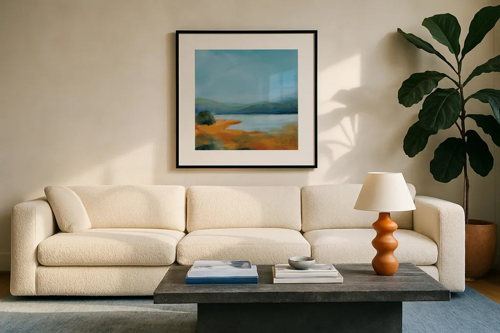 Mirror of Sky by Sue Schlabach. Displayed in a glass frame with matte in a clean modern living room. Available as an archival giclee rolled canvas, fine art paper, or poster print. SKU 87732a.