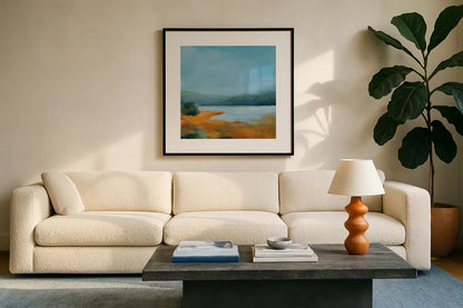 Mirror of Sky by Sue Schlabach. Displayed in a glass frame with matte in a clean modern living room. Available as an archival giclee rolled canvas, fine art paper, or poster print. SKU 87732a.