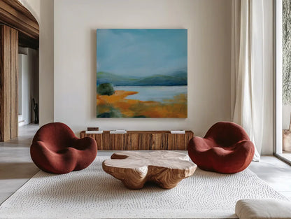 Mirror of Sky by Sue Schlabach. Shown as extra-large giant wall art in a modern living room. Available as an archival giclee rolled canvas, fine art paper, or poster print. SKU 87732a.