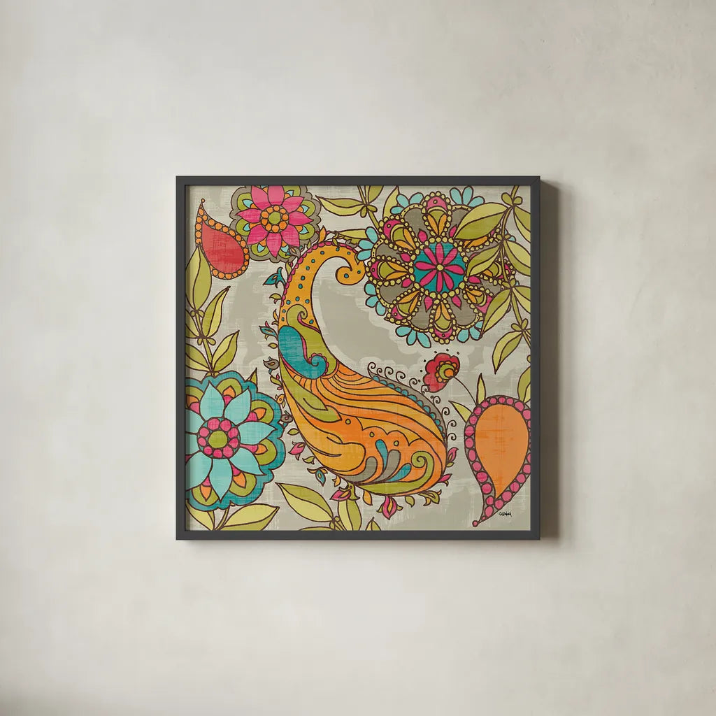 Mod Paisley I by Sue Schlabach. Shown in a sleek black glass frame for a contemporary gallery look. Available as an archival giclee rolled canvas, fine art paper, or poster print. SKU 23314a.