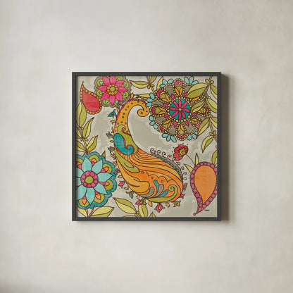 Mod Paisley I by Sue Schlabach. Shown in a sleek black glass frame for a contemporary gallery look. Available as an archival giclee rolled canvas, fine art paper, or poster print. SKU 23314a.