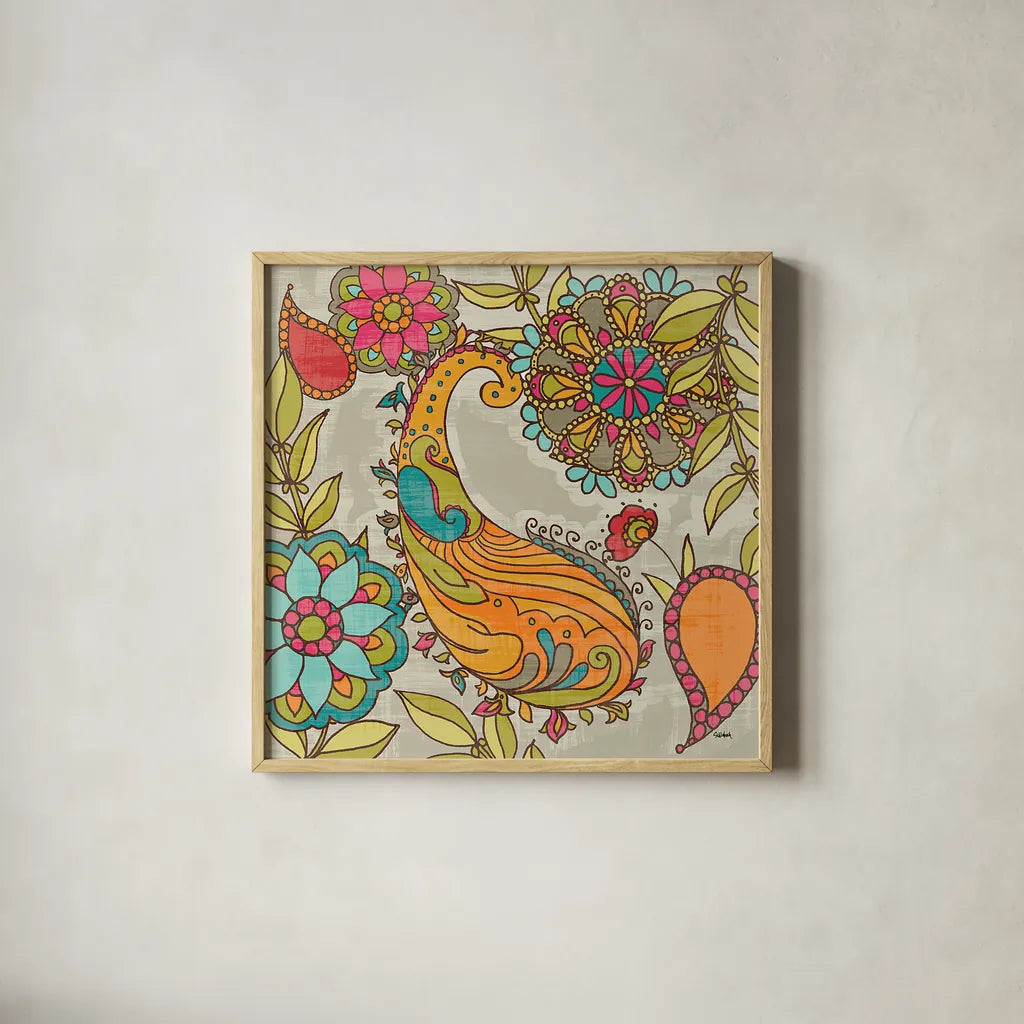 Mod Paisley I by Sue Schlabach. Shown in a natural wood glass frame for a timeless modern aesthetic. Available as an archival giclee rolled canvas, fine art paper, or poster print. SKU 23314a.