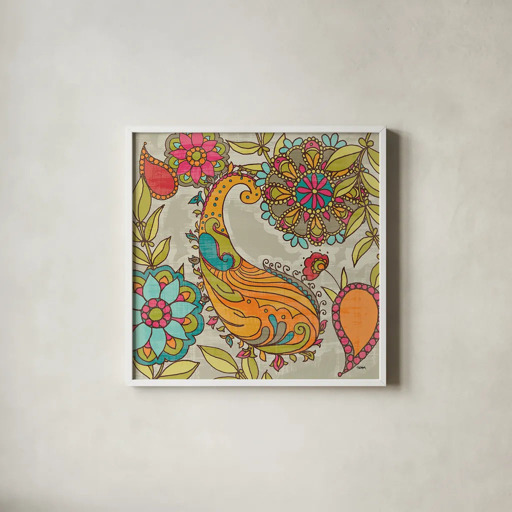 Mod Paisley I by Sue Schlabach. Shown in a crisp white glass frame for a clean and minimalist style. Available as an archival giclee rolled canvas, fine art paper, or poster print. SKU 23314a.