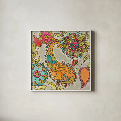 Mod Paisley I by Sue Schlabach. Shown in a crisp white glass frame for a clean and minimalist style. Available as an archival giclee rolled canvas, fine art paper, or poster print. SKU 23314a.