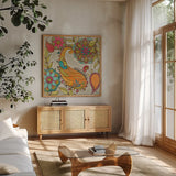 Mod Paisley I by Sue Schlabach. Shown in a natural wood frame in a cozy modern living room. Available as an archival giclee rolled canvas, fine art paper, or poster print. SKU 23314a.