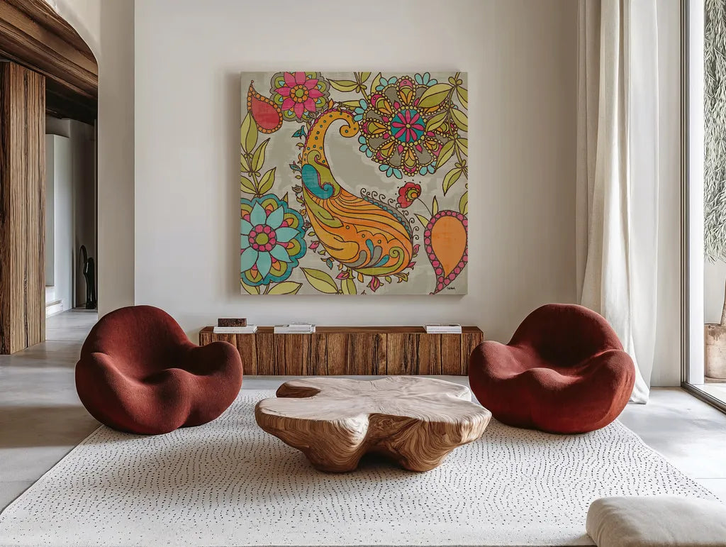 Mod Paisley I by Sue Schlabach. Shown as extra-large giant wall art in a modern living room. Available as an archival giclee rolled canvas, fine art paper, or poster print. SKU 23314a.