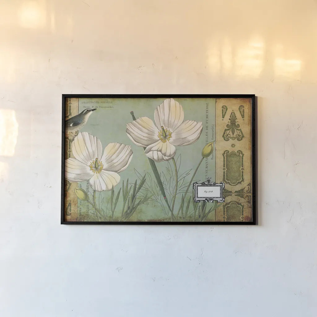 Modern Curiosity Poppies by Sue Schlabach. shown as a paper print in a black flame. Available as a archival giclee rolled canvas, fine art paper, or poster print. SKU 31788i.