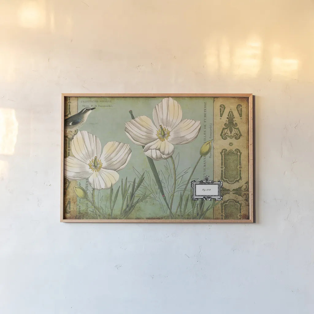 Modern Curiosity Poppies by Sue Schlabach. shown as a paper print in a natural frame. Available as a archival giclee rolled canvas, fine art paper, or poster print. SKU 31788i.