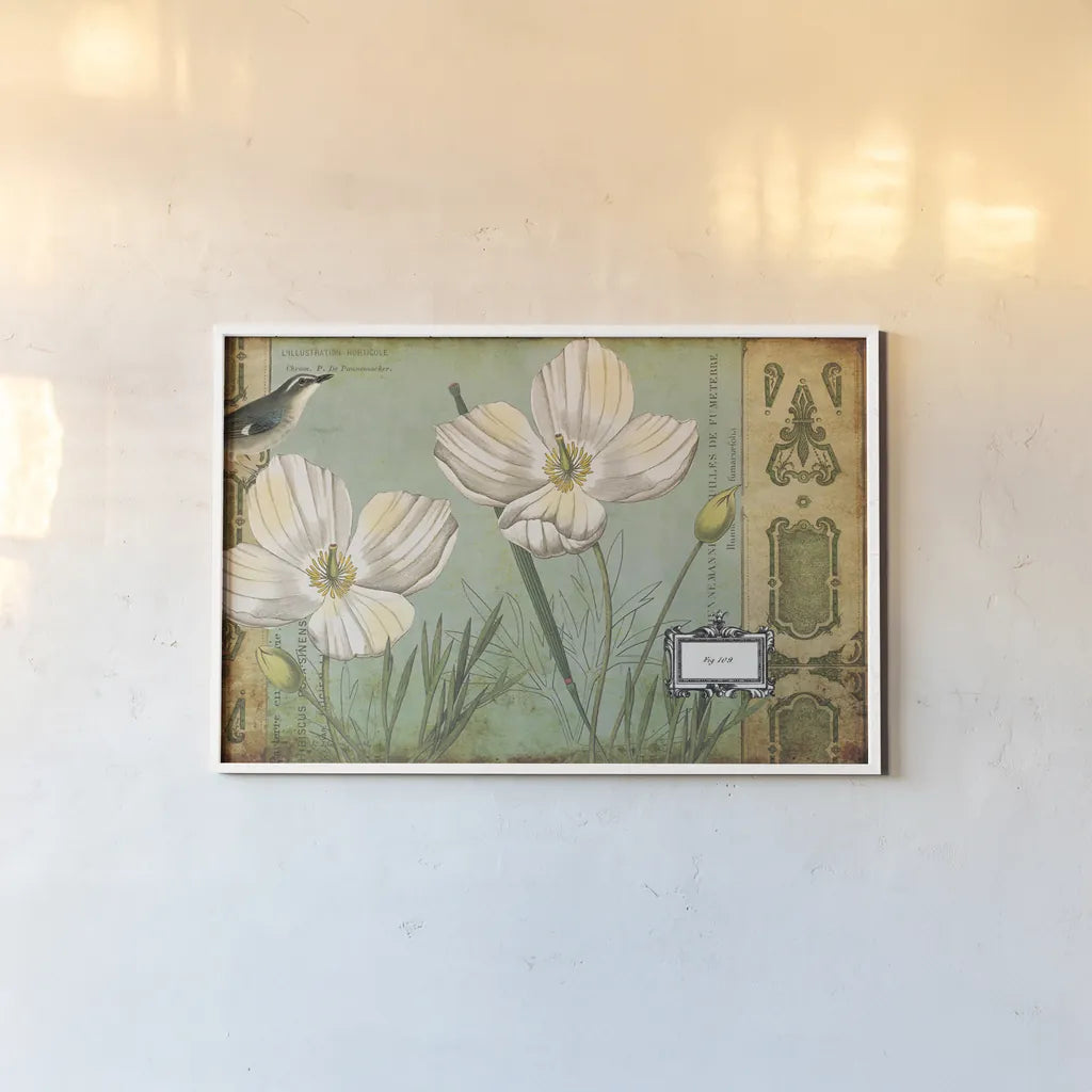 Modern Curiosity Poppies by Sue Schlabach. shown as a paper print in a white frame. Available as a archival giclee rolled canvas, fine art paper, or poster print. SKU 31788i.