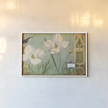 Modern Curiosity Poppies by Sue Schlabach. shown as a paper print in a white frame. Available as a archival giclee rolled canvas, fine art paper, or poster print. SKU 31788i.