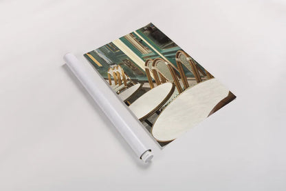 Montmartre Cafe by Sue Schlabach. shown as a rolled paper print. Available as archival giclee rolled canvas, fine art paper, or poster print. SKU 26499h.