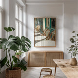 Montmartre Cafe by Sue Schlabach. shown as a print in a natural wood frame in a dining room. Available as a archival giclee rolled canvas, fine art paper, or poster print. SKU 26499h.