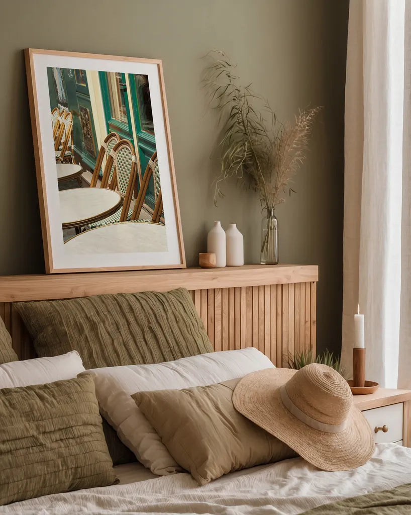 Montmartre Cafe by Sue Schlabach. shown as a paper print in a natural frame. Available as a archival giclee rolled canvas, fine art paper, or poster print. SKU 26499h.