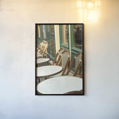 Montmartre Cafe by Sue Schlabach. shown as a paper print in a black flame. Available as a archival giclee rolled canvas, fine art paper, or poster print. SKU 26499h.