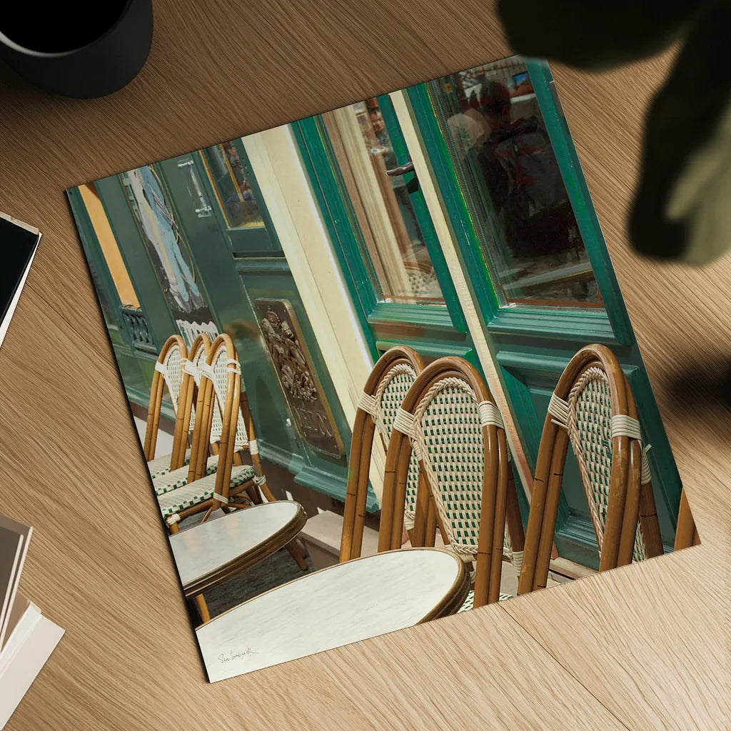 Montmartre Cafe Crop by Sue Schlabach. Shown as a detailed flat fine art print, highlighting archival giclee quality. Available as an archival giclee rolled canvas, fine art paper, or poster print. SKU 26499a.