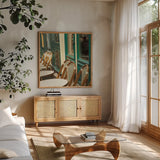 Montmartre Cafe Crop by Sue Schlabach. Shown in a natural wood frame in a cozy modern living room. Available as an archival giclee rolled canvas, fine art paper, or poster print. SKU 26499a.