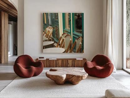 Montmartre Cafe Crop by Sue Schlabach. Shown as extra-large giant wall art in a modern living room. Available as an archival giclee rolled canvas, fine art paper, or poster print. SKU 26499a.