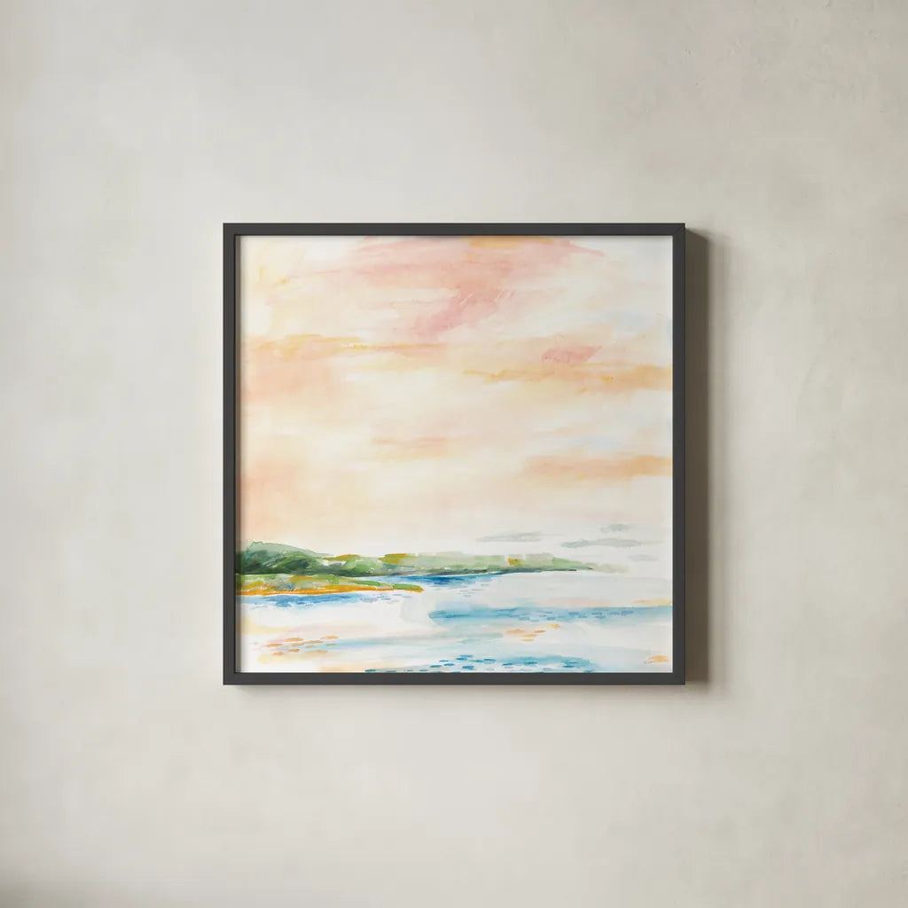 Morning Bay by Sue Schlabach. Shown in a sleek black glass frame for a contemporary gallery look. Available as an archival giclee rolled canvas, fine art paper, or poster print. SKU 63418a.