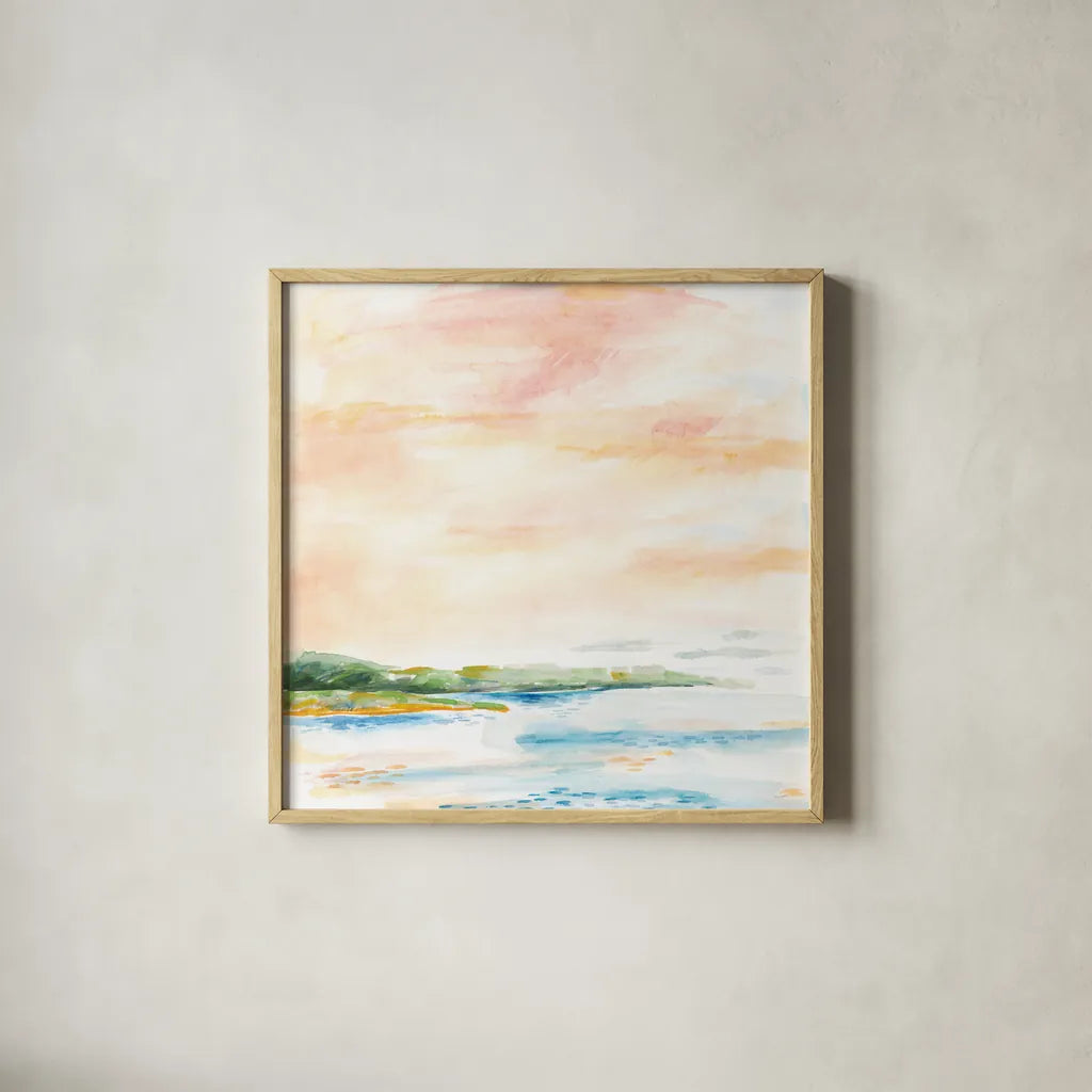 Morning Bay by Sue Schlabach. Shown in a natural wood glass frame for a timeless modern aesthetic. Available as an archival giclee rolled canvas, fine art paper, or poster print. SKU 63418a.